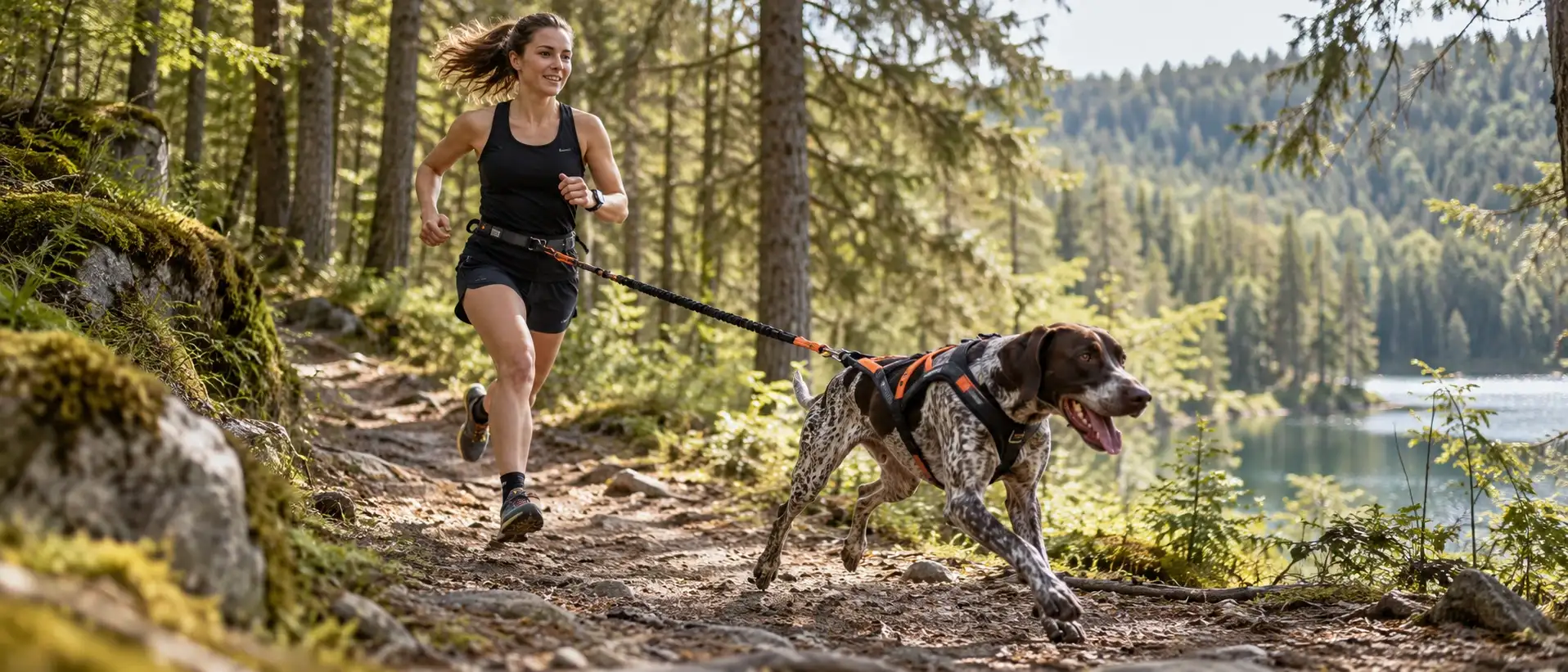 Une coureuse et son chien, relié à sa ceinture par une ligne de trait, sur un sentier forestier au bord d'un lac